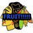 Pixelated cartoon head with Native American headdress, yellow skin, red earrings, and blue text overlay reading FRUIT!!!!! in the top-left view.