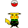Pixelated Pikachu in black and green attire with red cheeks, positioned below a red-and-white Poké Ball on a gray background.
