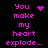 A 4-frame animated contact sheet showing a pixelated text-based animation with pink text and symbols on black background, displaying variations of "You make my heart explode..." with different symbol replacements.