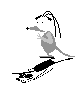 A grayscale cartoon character with large eyes and antennae performs sequential actions on a black-and-white striped platform against a gray background.