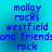 Blue text on cyan background reads 'malloy rocks westfield and friends rock' in four identical vertical with no visible animation changes