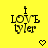 Yellow background with black pixelated text "I LOVE tyler" and two pixelated heart symbols below.