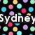 Pixelated image with black background and multicolored circles, featuring large white text reading 'Sydney' across the center.
