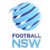 Pixelated blue sphere with dark blue stripes above text reading 'FOOTBALL NSW' in blue and purple pixelated letters on gray background