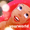 Pixelated close-up of a cartoon character with red hair, blue eyes, and red lips, overlaid with white text reading 'yourworld' at the bottom.