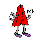Red letter A character with gray limbs and purple shoes performs various hand gestures against a solid light gray background.