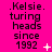 A bright pink background displays three identical text blocks with black pixelated text reading '.Kelsie. turing heads since 1992' and small white symbols changing across observations.
