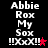 Pixelated text 'Abbie Rox My Sox' with exclamation marks and a red star on black background, showing animation changes in the star's color.