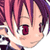 Pixelated anime-style character face with pink and purple hair, red eye symbol, white highlights, and dark clothing against a transparent background.