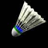 A 4x4 contact sheet of 16 animated frames showing a white badminton shuttlecock with green and blue accents from multiple angles against a black background.