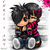 Pixelated cartoon character with spiky black hair, pink and black striped shirt, blue pants, and white shoes, sitting with arms crossed.