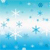 Pixelated blue and white gradient background with scattered snowflake shapes in varying shades of blue and white.