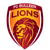 Shield-shaped icon with maroon border, orange gradient background, and pixelated lion head beneath 'LIONS' text.