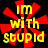 Yellow text "im with stupid" on black background with red starburst pattern, two variations of the same design shown side-by-side.