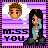 Pixel art animation of a girl with long black hair and blue eyes, wearing a light blue top and dark pants, sitting against a purple striped background with 'MISS YOU' text.