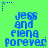 Pixelated blue text on bright green background with small star icons at corners, displaying "jess and fiena forever" in a