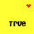 Yellow background with four black 'TRUE' text blocks arranged in a , pink pixelated heart at top center, and two pink dot clusters near top-right and middle-center