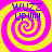 Four identical display a yellow and pink spiral background with blue text reading "WUZZ UP!!!" in each