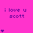 A bright pink background displays repeated text "i love u scott" with varying numbers of purple heart symbols below each text block.