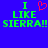 Blue background with green text reading "I LIKE SIERRA!!" and a red pixelated heart symbol replacing the word 'love' between two identical phrases.