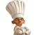 Pixelated image of a chef wearing a tall white hat and white uniform with brown accents, standing against a plain white background.