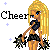A 6-frame animated contact sheet of a pixel art cheerleader icon with alternating text and pose changes, set against a gray background with white and light blue stars.