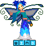 Pixel art fairy avatar with blue hair, teal top, blue skirt, and gray wings standing on cloud base with 'WIND' text below.
