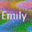 Pixelated text 'Emily' repeated across a colorful, blurred background with visible color bands of pink, yellow, blue, and green.