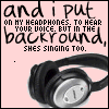 identical pink background each showing black headphones with silver accents and text reading "and i put on my headphones. to hear your voice, but in the background, shes singing too." with small decorative symbols