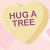 A pixelated heart-shaped icon with 'HUG A TREE' text in purple, set against a pink dotted background.
