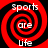 Four identical red and black spiral patterns with white text reading 'sports are life' arranged in a on a solid black background