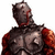 A pixelated armored figure with a helmet, red shoulder accents, and visible blood on the face turns its head from left to right