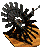 Pixelated figure with dark hair and black clothing stands on a brown platform, holding a small object while raising one arm.