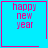 Four identical blue square with pink borders display "happy new year" text; two have additional symbols