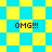 Pixelated icon with blue and yellow checkered background displaying "OMG!!!" text in four positions.