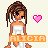 Pixel art contact sheet showing two frames of an animated buddy icon featuring a female character named Alicia with brown hair, wearing a white strapless dress and orange shoes, next to hearts that change color between pink and orange.
