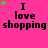 A bright pink background displays the text "I love shopping" in black pixelated font, with green and purple stars scattered around.