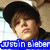 Pixelated close-up of a person with dark hair and light skin, wearing a blue banner with white text reading 'justin bieber' at the bottom.