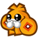 Pixelated orange creature with large black eyes and white mouth, holding circular shield-like object with red-orange border and white center.