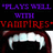 A pixelated image with red and purple text surrounding a close-up of sharp fangs against dark skin, set on a black background.