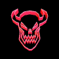 Red devil skull icon with curved horns, white teeth, and glowing eyes on black background; animation cycles through five distinct facial expressions.
