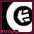 Two side-by-side pixelated icons with black backgrounds, white crescent shapes, and central stylized 'E' symbols; pink borders and text at the bottom.