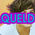 Pixelated image of a person with brown hair and light skin wearing a white shirt, overlaid with large text in cyan and purple.
