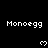 Pixelated white text 'Monoegg' appears above heart symbols on a black background with gray corner overlay.