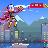 Pixel art of a superhero with blue hair and red cape flying over cityscape, holding a brown object connected to 'RED FIST' sign.