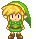 Two pixel-art depictions of a character with blonde hair, green tunic, brown belt, and boots stand side-by-side against gray background.