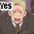 Pixelated anime-style character with blonde hair and blue eyes in a dark suit, shown across three with changing text overlays
