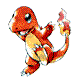 A small orange dinosaur-like creature with a yellow underbelly and white-tipped limbs stands in various poses, some showing red and yellow flame effects near its mouth or tail.