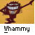 Animated cartoon character with wide grin, dark red body, and raised arm on yellow background; text below reads "Whammy".