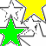 A static composition of white outlined stars with colored fill in green, blue, red, yellow, cyan, and magenta against a gray background.